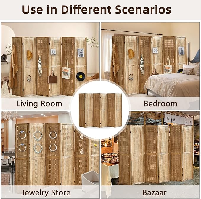 Aleesing 6 Panel Pegboard Display with 24 Hooks, Pegboard Room Divider and Folding Privacy Screens, Partition Room dividers, Wooden Room Divider Wall, Jewelry Store, Bedroom, Balcony, Light Brown
