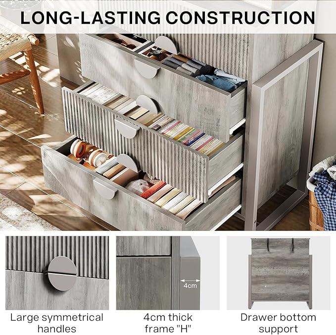 LGHM Fluted Dresser for Bedroom with 4 Drawers, Modern 4 Drawers Dressers with Semicylinder Fluted, Solid Chest of Drawers, 36" Tall Dresser with Bold Steel Frame, Metal Handles, Gray