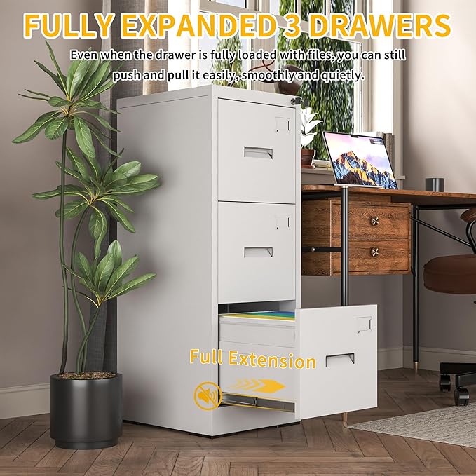 Reegangfa 3-Drawer File Cabinet with Lock, Metal Vertical Filing Cabinets for Home Office, Lockable Narrow Heavy-duty Steel Storage Cabinet with Tag,Hanging Letter/Legal/A4Size,Assemble Required,White