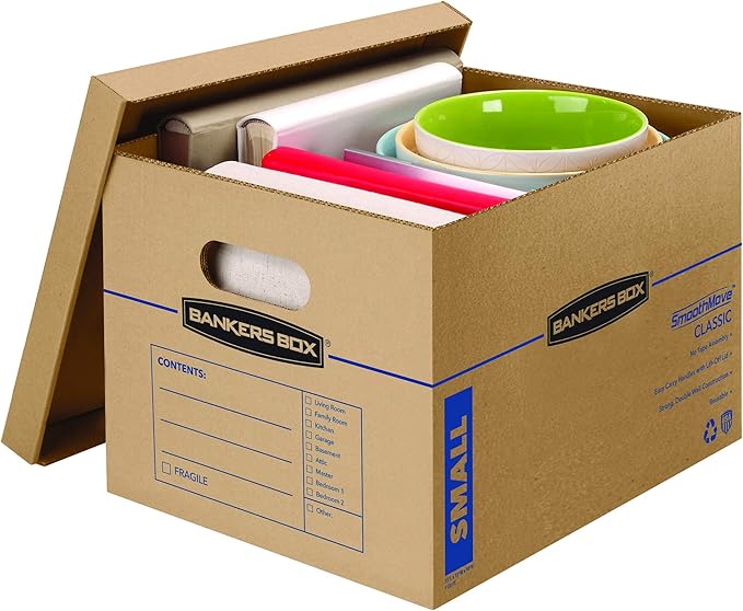 Bankers Box Small Classic Moving Box 5 Pack, Reinforced Handles, Tape-Free Assembly, Box with Lid, 15-in x 12-in x 10-in (7714902)