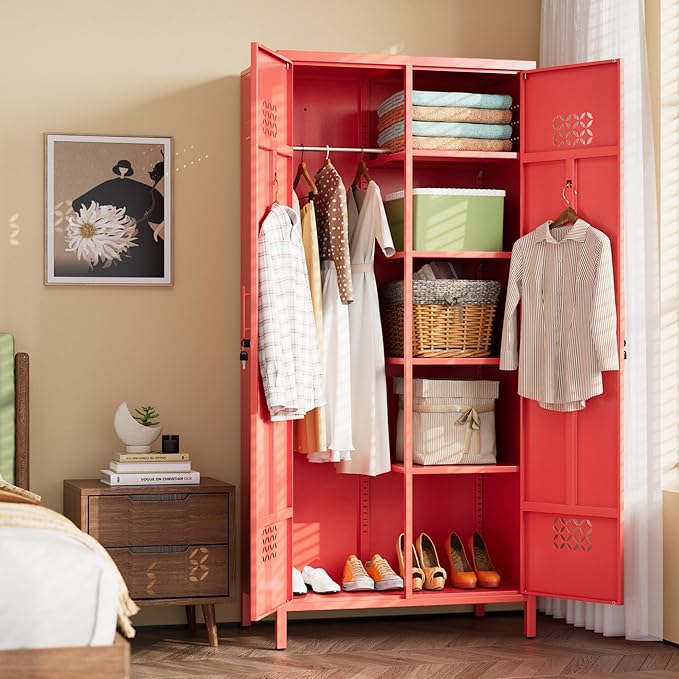 SUPEER 2 Doors Metal Storage Locker with Adjustable Shelves and 2 Hanging Rods, Metal Wardrobe Cabinet with Lock,Wardrobe Lockers for Home,Office,Assembly Required,Red