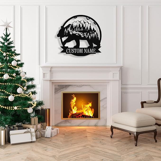 Custom Bear Metal Sign, Custom Bear Metal Wall Art Decor, Personalized Last Name Signs for Home, Rustic Farmhouse Black Wall Decor for Cabin, Bedroom, Living Room, Porch