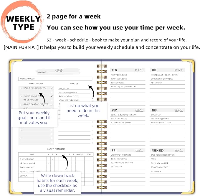 Undated Weekly Planner with Metal Corner Hardcover Notebook , A5 Size Journal with To Do List Planner, Habit Tracker,Weekly Goals for ADHD,Student, Office, Women, Men ,Gifts,6 x 8 inches，Spiral Bindding ,Purple
