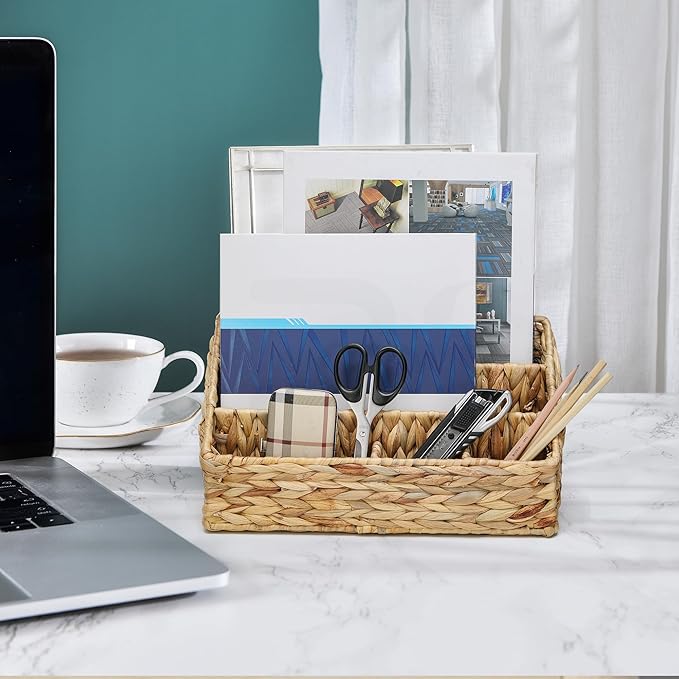 Boershun Desk Organizer – Countertop Mail Organizer, Magazine Holder, Boho Decor Water Hyacinth Desk Mail Holder for Home Office, Farmhouse, 12.6" L x 6.7" W x 6.3" H
