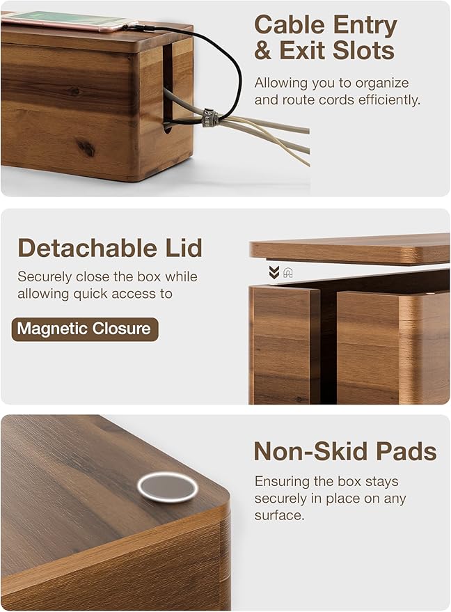 TIDITA Acacia Wood Large Cable Management Box Round Edge - 16" L Wooden Power Strip Box, Surge Protector Box - Cable Hider Box for Office, Living Room - 2 Open Slots, Magnetic Lid (Walnut Color)