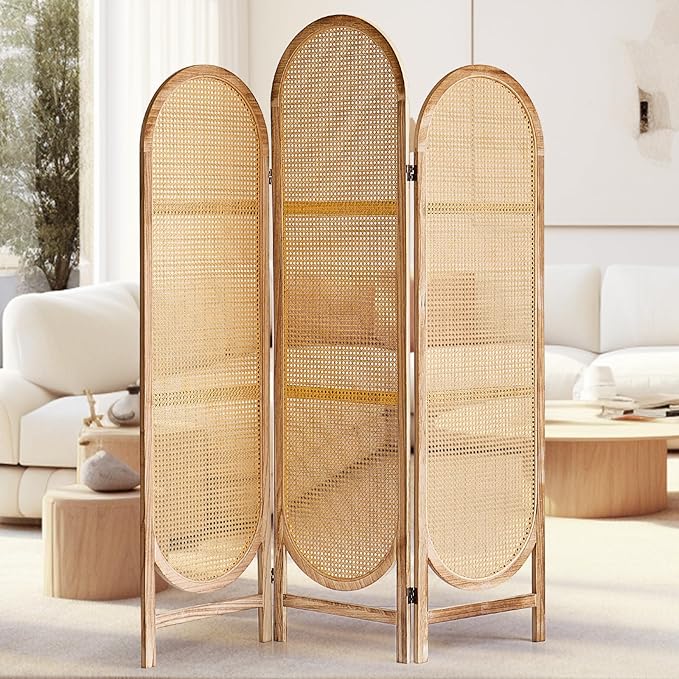 Asnefeli Room Divider 3 Panels, Hand-Woven Rattan Room Divider Wall, Foldable Wood Divider Screen, Creative Divider Wall, Folding Privacy Screens, Unique Design Privacy Divider Panel (Natural)