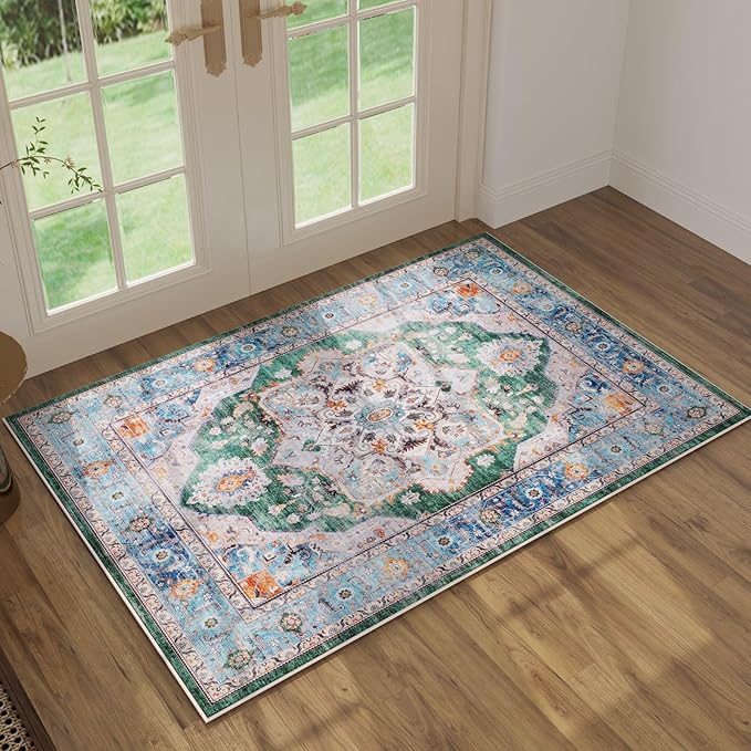 Rugcomf Vintage Medallion Rugs for Entryway 2'x3' - Door Mat Indoor Entrance, Machine Washable Area Rug, Non-Slip Low Pile Boho Carpet for Kitchen, Front Door, Bedroom, Kids Room - Green