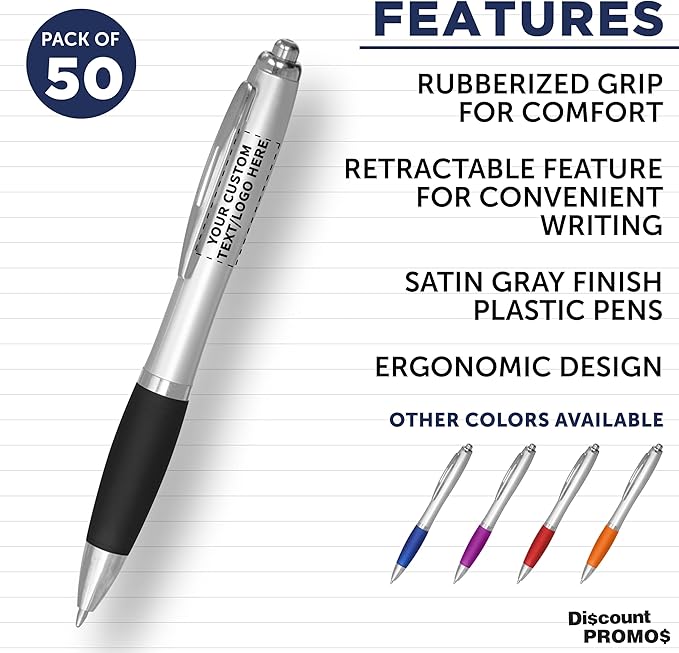 DISCOUNT PROMOS Personalized Ballpoint Pens With Rubber Grip, 50 pack Customizable Ergonomic Click-to-Write Custom Writing Pens for School with Black Ink, Black