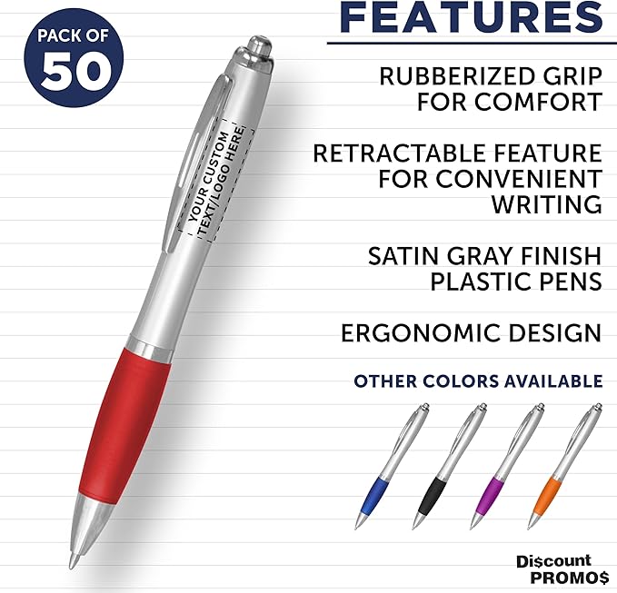 DISCOUNT PROMOS Personalized Ballpoint Pens With Rubber Grip, 50 pack Customizable Ergonomic Click-to-Write Custom Writing Pens for School with Black Ink, Red