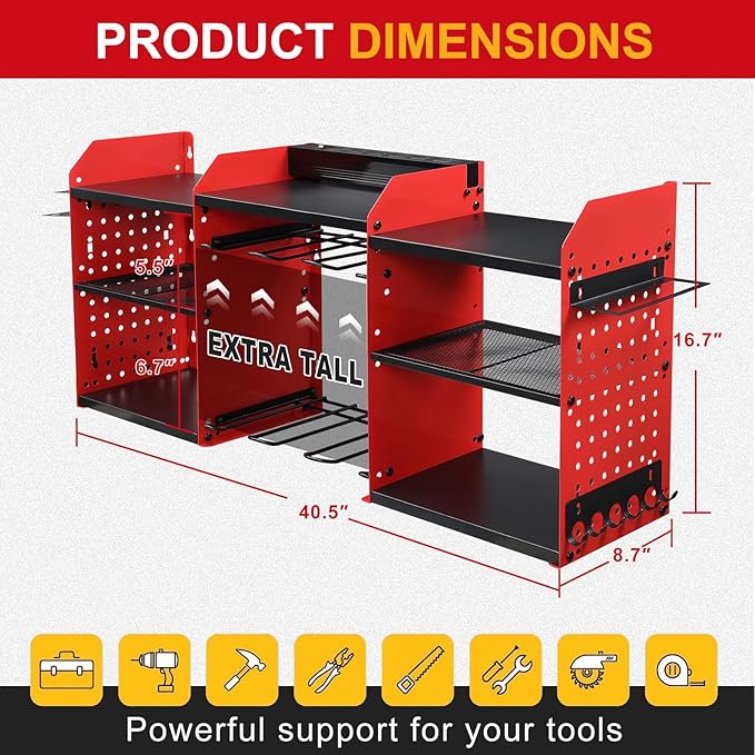 ERVNYNT 3 layers power tool organizer Loads 150lbs with 6 Cordless Drill Holder and 6 Outlet Power Strip,it’s good choice for husband birthday gift,red