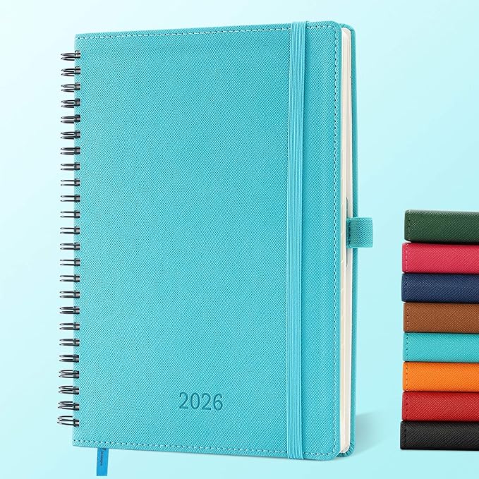 IN-LUXPRO Planner 2026 Daily Weekly and Monthly,8.5"x6.5",12 Months Spiral Bound Calendar Agenda with Self-adhesive Pen Holder,2026 Appointment Book with Vegan Leather Soft Cover,Light Blue