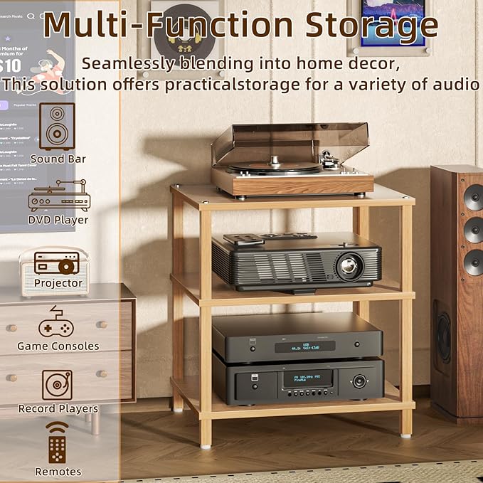 LELELINKY 3-Tier AV Media Player Stand Set of 2, Natural Stereo Cabinet, Wooden TV Stand,Game Console Shelf, Multifunctional Entertainment Center, Suitable for Home, Conference Room, Game Studio