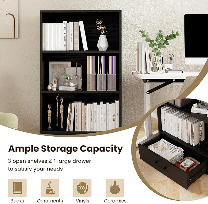 LOKO 4-Tier Bookcase with Storage Drawer, Modern Organizer Display Storage Shelves with Anti-toppling Device, Freestanding Bookshelf with 3 Open Shelves & 1 Drawer, Living Room, Study, Office (Black)