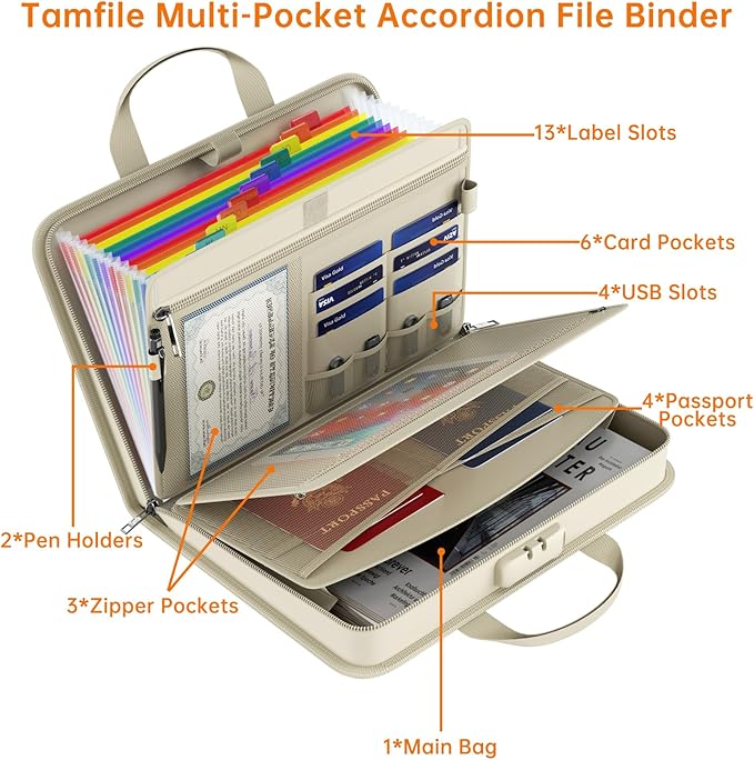 5200℉ Fireproof Accordion File Organizer with Lock, Thickened Document Organizer 13 Colorful Pocket with Labels, Important Document Organizer, Expanding File Folder with Handle for Letter A4 (Beige)
