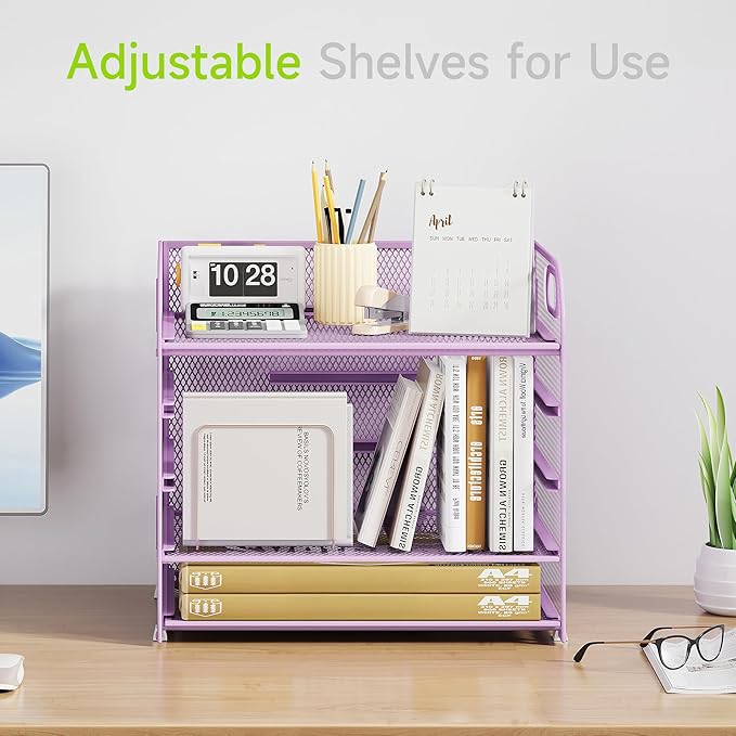 Cawukege 5 Tier Paper Organizer with Handle, Metal Mesh Desk Organizer File Folder Paper Letter Tray Desktop Document Sorter for Classroom, School, Office Accessories Organization and Storage - Purple