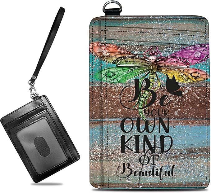 BWEGRHE Small Travel Wallets, Dragonfly Glitter Wood Slim Minimalist Front Pocket Wallet with Wristlet, RFID Blocking PU Leather Credit Card Holder with ID Window Change Purse for Men Women