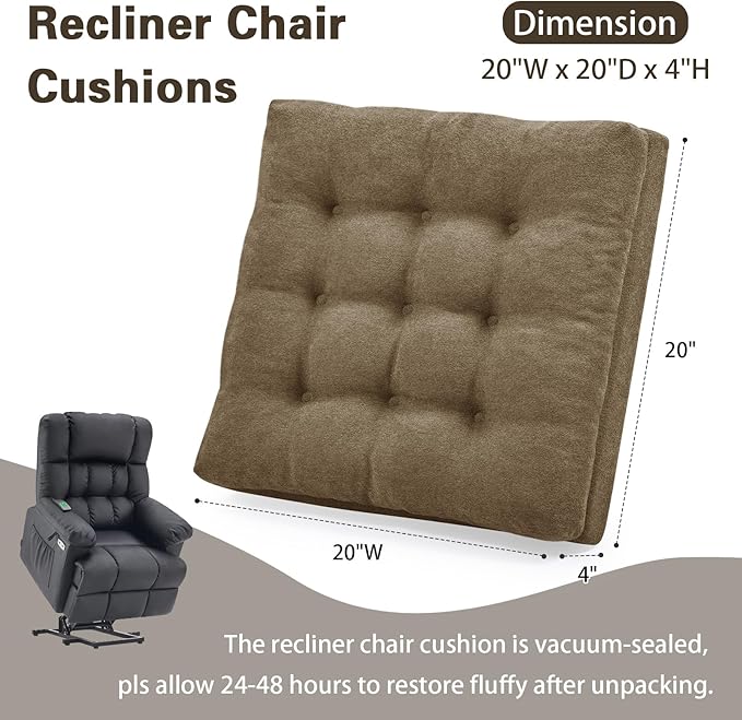 TANYOO Recliner Cushion for Elderly - Patented Dual Seat Cushion for Sagging Recliner Replacement Booster Cushion for Easy Get Up from Chair, Sofa & Couch, Relieves Long-Sitting Pain 20x20x4 Brown