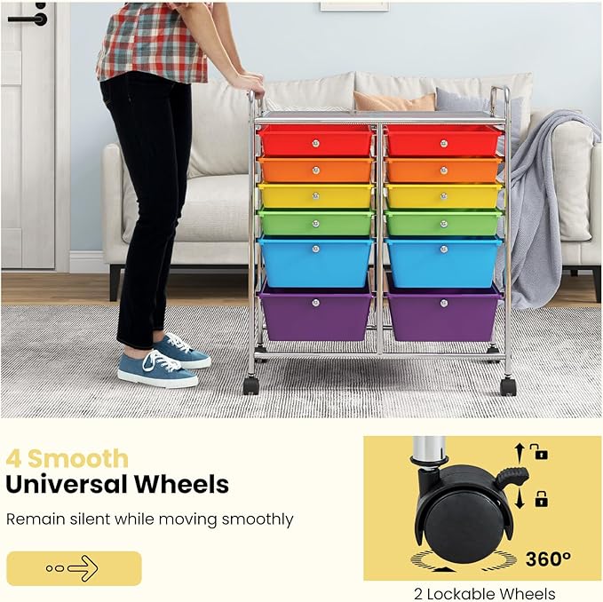 LDAILY 12 Drawer Rolling Storage Cart, Craft Cart Organizer on Wheels w/Metal Frame, Large Capacity & Smooth Drawer, Rolling Cart w/Drawers for Classroom, Office