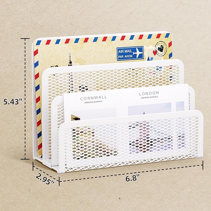 Marbrasse Mail Organizer for Desk, 3-Slot Mesh Metal Mail Holder countertop, Letter Holder, Office Desktop Envelope and Document Storage Rack (White)