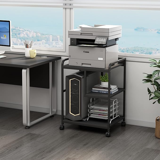Fannova Printer Stand with Storage Shelf for Home Office Organization, 22 x 18 Inch Large Printer Table with Wheels, Shredder Stand, CPU Stand, Rolling Cart for Host Computer, PC Tower, Desktop- Black