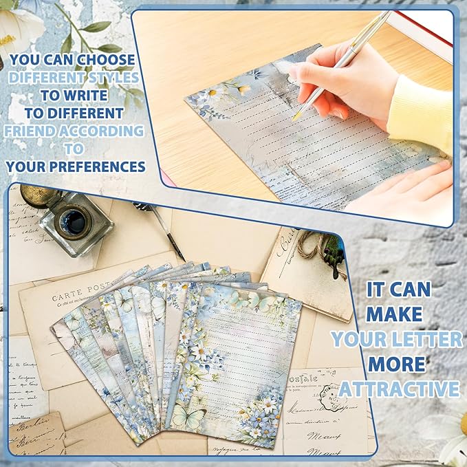 TaoBary 160 Pcs Stationery Paper Set 50 Double Sided Stationery Papers with 50 Matching Envelopes and 60 Round Dot Sticker, 10 Design (Serenity Junk,8.25 x 5.5 Inch)