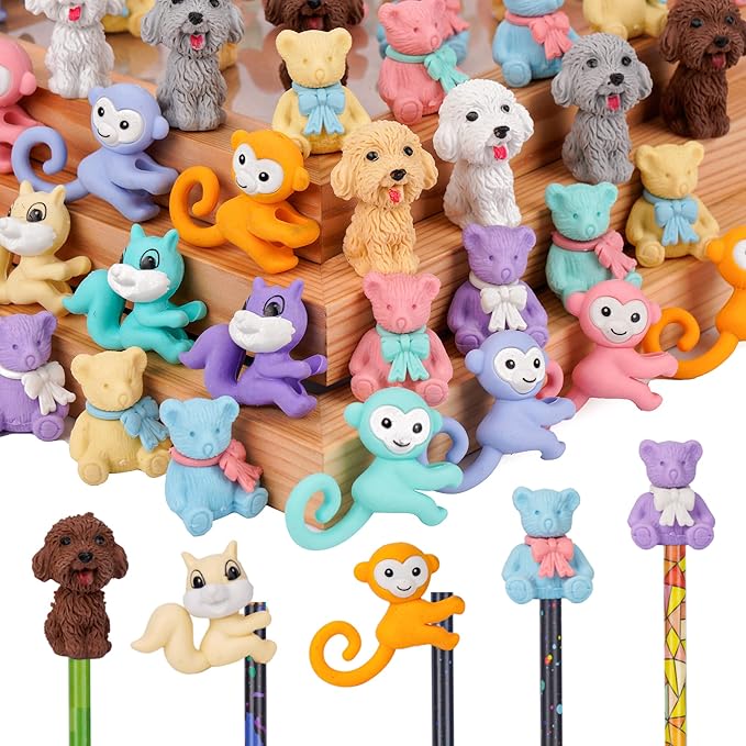 80 Pieces Cute Animal Eraser Dog Bear Monkey Squirrel Pencil Erasers Puzzle Eraser Pencil Mini Erasers Novelty Top Erasers for Prizes Carnival Gifts Mixed Color
