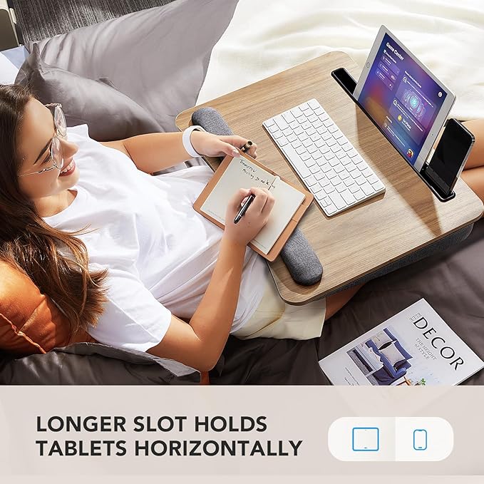 HUANUO Lap Laptop Desk - Portable Lap Desk with Pillow Cushion, Fits up to 17 inch Laptop, with Anti-Slip Strip & Storage Function for Home Office Students Use as Computer Laptop Stand, HNLD28WN