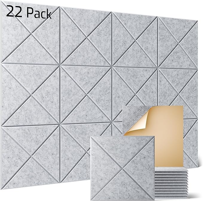 Sonicism 22 Pack X-Lined Acoustic Panels with Self-Adhesive, 12"X 12"X 0.4" Sound Proof Foam Panels, Decorative Soundproof Wall Panels, Sound Absorbing Tile for Home & Offices, Silver Gray
