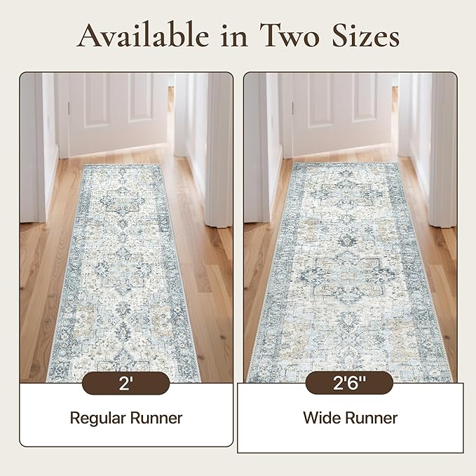 GENIMO Runner Rug 2'6"x7, Non Slip Vintage Hallway Runner Rugs, Low Pile Lightweight Machine Washable Mat for Hallway, Entryway, Bedroom, Kitchen and Corridor, Blue