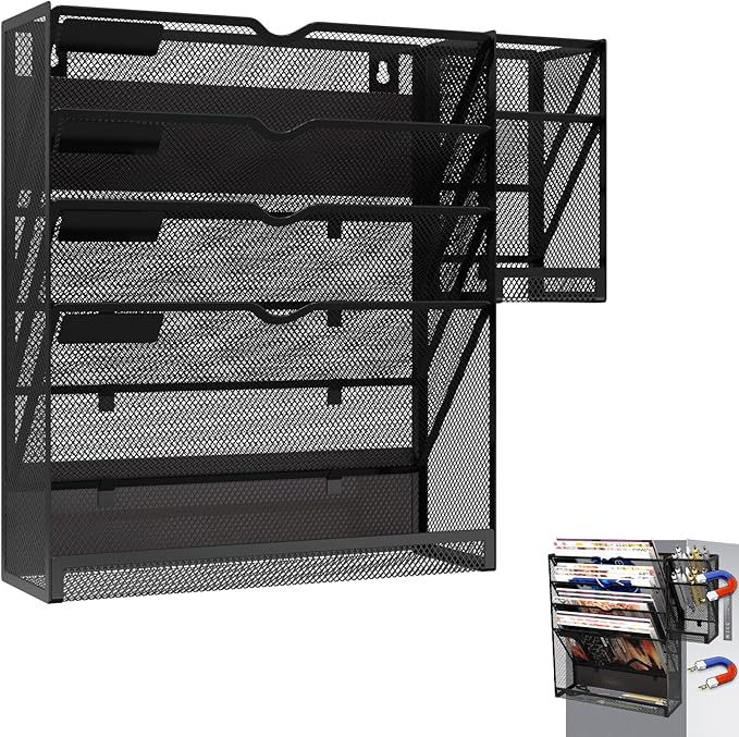 KZWKRG Magnetic File Holder, Magnetic File Organizer Wall Mount, 5 Tier Hanging Mail Organizer Folder Holder, Mesh Desk Accessories and Organizers, Paper Document Magazine Rack with 3 Pen Holder