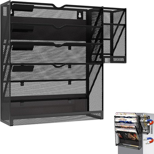 KZWKRG Magnetic File Holder, Magnetic File Organizer Wall Mount, 5 Tier Hanging Mail Organizer Folder Holder, Mesh Desk Accessories and Organizers, Paper Document Magazine Rack with 3 Pen Holder