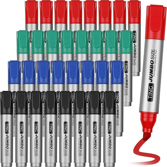 Fuutreo 32 Pcs Jumbo Permanent Markers Bulk Large Chisel Tip Permanent Markers Waterproof Jumbo Pens Quick Drying Office Supplies(Black, Green, Blue, Red)