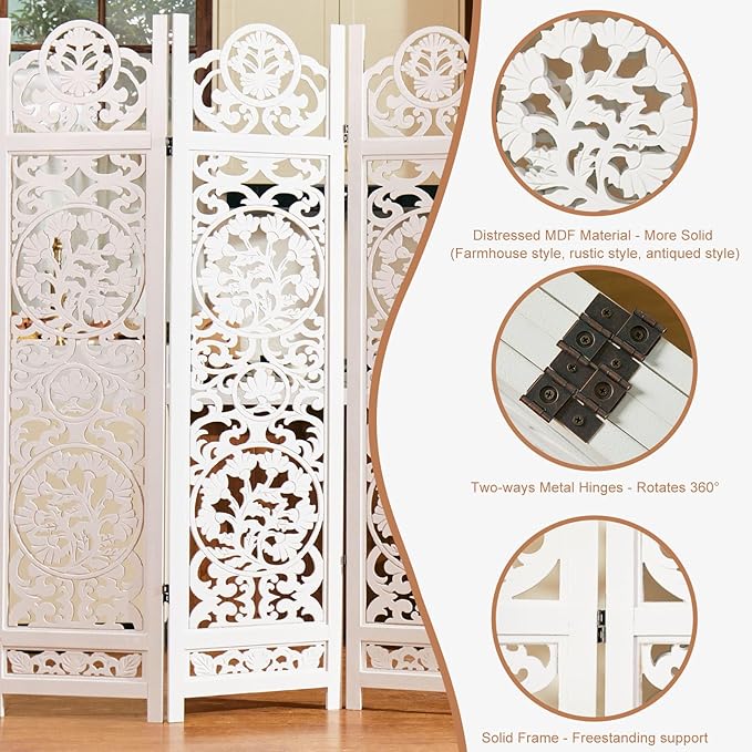 5.75Ft Room Divider Wood Screen, 33Lbs Durable MDF Carved Rustic Style Headboard, Reversible Freestanding Folding Partition Paravent for Home, 69 * 71 inch(H*W) - 4 Panels (Rustic White)