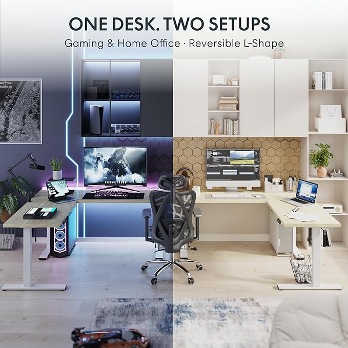FLEXISPOT L Shaped Standing Desk, 71 x 63 Inch Electric Height Adjustable Corner Desk, Sit Stand Computer Workstation, Preset Controller, Home Office, White Frame with Maple Top