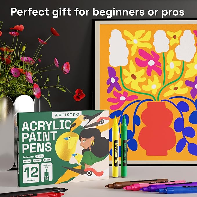 ARTISTRO 12 Regular Paint Pens for Glass Marking, Rock Painting, Ceramic, Wood, Fabric, Scrapbooking, DIY Craft Making, Coloring - Acrylic Paint Markers Medium Tip 3mm