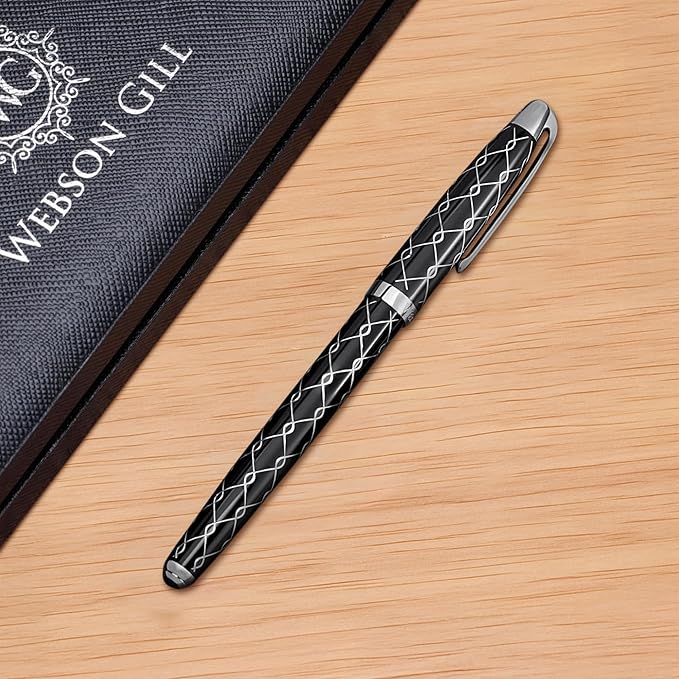 Webson Gill ‘The Weaver’ Black Luxury Executive Fountain Pen, Polished Lacquer & Chrome, Medium Nib, Smudge Free No Bleed, Use Any Fountain Ink w/Included Converter, Fits Cartridges (sold separately)