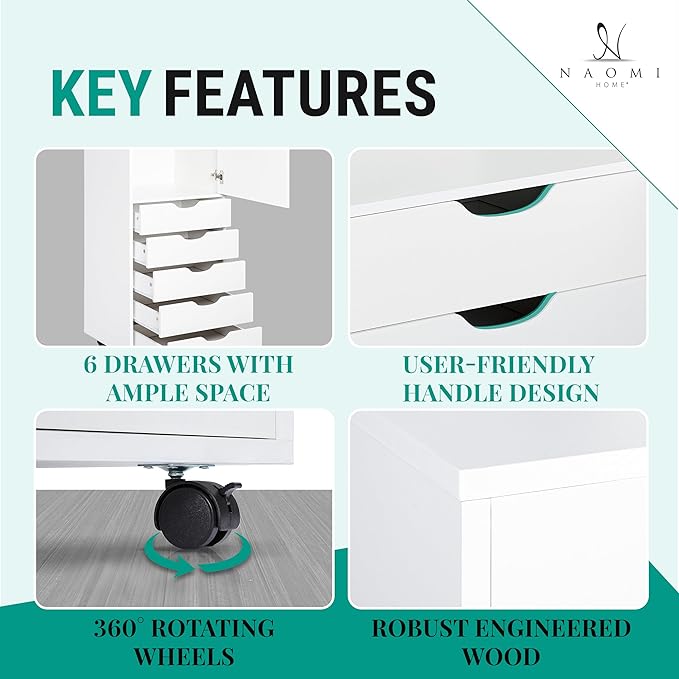 Naomi Home Carly 6-Drawer Craft & Office Storage Cabinet – Rolling Storage Drawers with Lockable Casters, Compact for Craft Rooms, Offices, Under Desk, 18.8" D x 15.7" W x 41.3" H