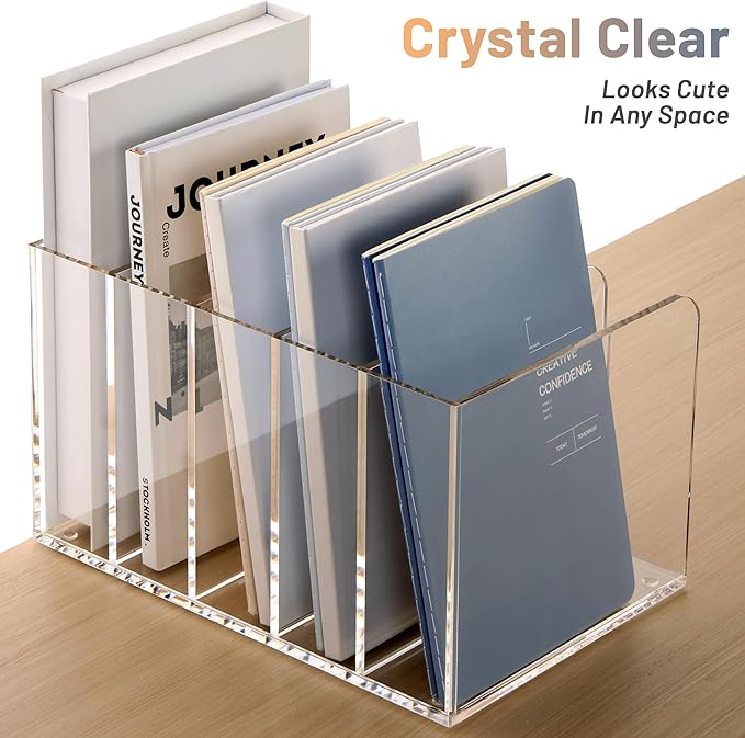 SANRUI Acrylic File Organizer, Clear Magazine File Holder Desk Organizer for Office Organization and Storage with 5 Vertical Compartments, Desktop Bookshelf for Home Office Organization
