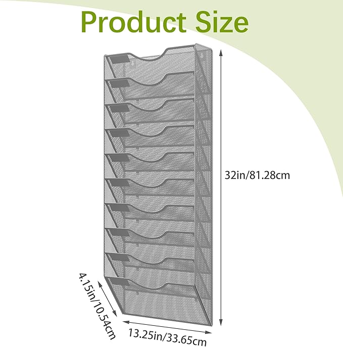 EasyPAG 10 Pocket Mesh Wall File Organizer, Hanging Paper Folder Holder with Classify Label, Vertical Wall Mount Mail Organizer for Office Home Classroom, Silver