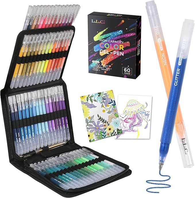 LIULIUCAI Gel Pens for Adult Coloring Book, 60 Colors Large Capacity Metallic Glitter Gel Ink Pens with Case, 1.0 mm Bullet Tip Smooth Writing, Artist Colored Gel Pen for Coloring Drawing Journaling