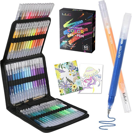 LIULIUCAI Gel Pens for Adult Coloring Book, 60 Colors Large Capacity Metallic Glitter Gel Ink Pens with Case, 1.0 mm Bullet Tip Smooth Writing, Artist Colored Gel Pen for Coloring Drawing Journaling