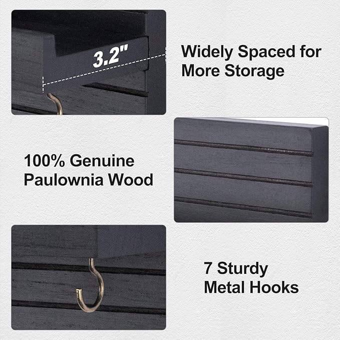Lwenki Decorative Key Holder for Wall with Shelf, Entryway Shelf with Hooks Holds Leashes, Jackets and Glasses – Sturdy Wood Keyholder Entrance Hanger with Mounting Hardware (Black, Large)