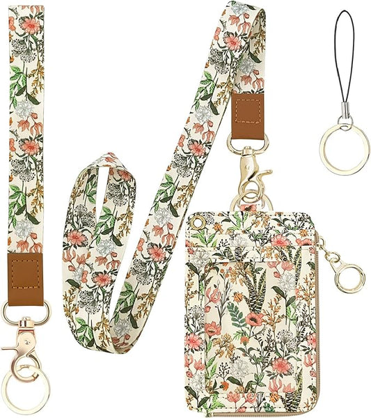 Bolimoss Aesthetic Lanyard with ID Holder for Women & Nurses - Floral ID Badge Holder with Neck Lanyard & 4 Card Slots, Side Zipper Pocket