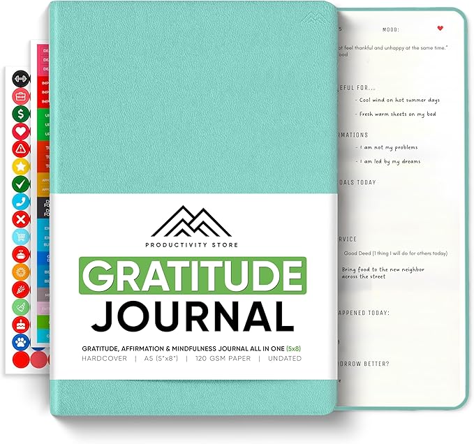 Gratitude & Self-Care Journal - Guided Mindfulness & Mental Health Journal All-in-One with Prompts for Self Discovery - Daily Journal for Men & Women by PRODUCTIVITY STORE (A5, Teal)
