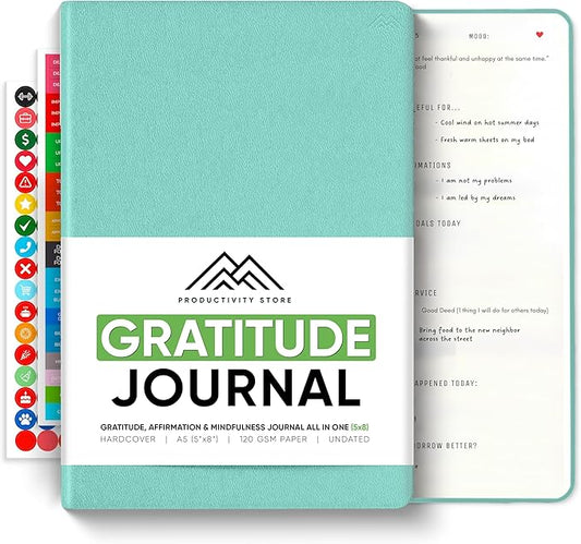 Gratitude & Self-Care Journal - Guided Mindfulness & Mental Health Journal All-in-One with Prompts for Self Discovery - Daily Journal for Men & Women by PRODUCTIVITY STORE (A5, Teal)