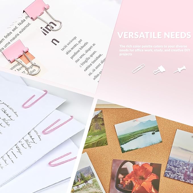 LincOficey 200pcs Paper Clips Binder Clips and Push Pins Set, Mini Clips and Thumb Tacks for Multipurpose Document Organization (Pink)