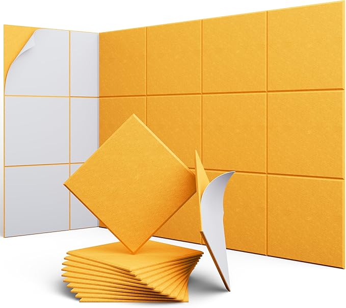 UNECHO 12 Pack 12" X 12" X 0.4" Acoustic Panels for Wall Sound Absorbing,Square Self-Adhesive Sound Panels, High Density Suitable for Multiple Scenarios(Orange)