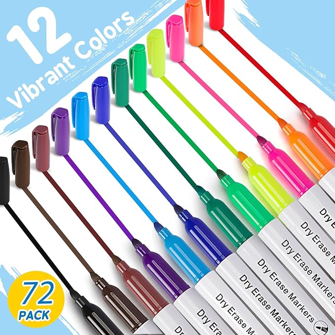 Duchong 72 Count Dry Erase Markers Bulk, 12 Assorted Colors, Fine Tip Whiteboard Markers for Kids Teachers, Dry Erase Pens Bulk Pack for Classroom Home, Back to School Supplies