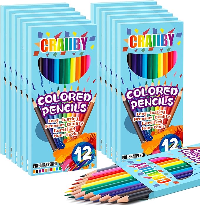 Craiiby Premium Colored Pencils, Soft Core, 288 Count (Pack of 24), 12 Colors Pre-sharpened Color Pencils Bulk, Back to School Supplies, Classroom Prizes (12)