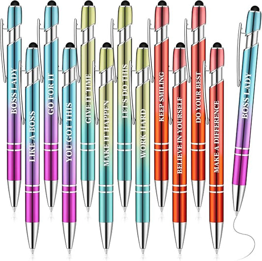 Zonon 12 Pcs Inspirational Pens Bulk Funny Ballpoint Pen with Stylus Tip Motivational Gifts for Valentine's Day Teacher Coworkers Nurse School Office Supplies(Plating Color,Motivational Style)